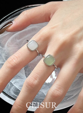 S925纯银中古风猫眼石小方糖戒指