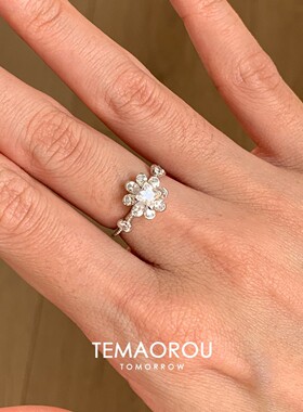 S925纯银满钻八叶花朵银色戒指女