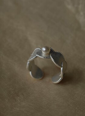 S925纯银中古肌理花边珍珠戒指女