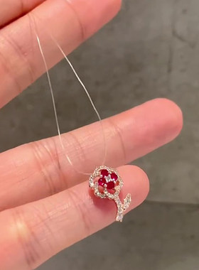 中古爆闪红色花朵锆石鱼线项链女