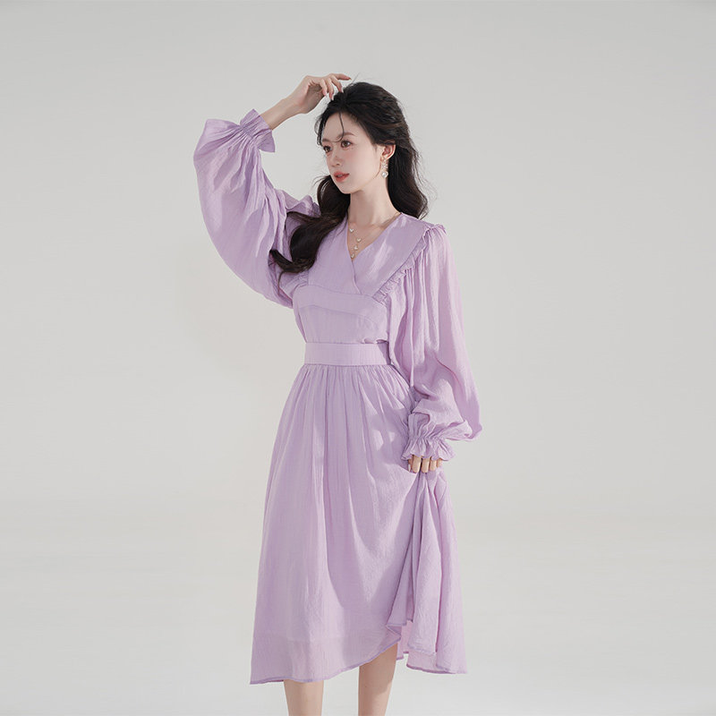 V领长袖灯笼袖绑带上衣收腰半身裙长裙两件套夏季紫色雪纺套装女,淘宝优惠券,粉丝福利购,淘宝优惠卷