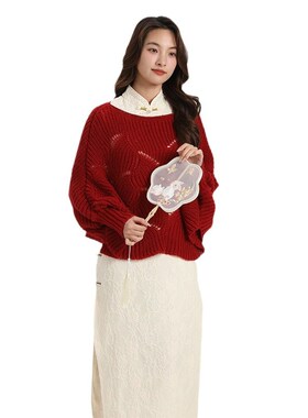 春秋镂空针织披肩女新中式款时尚旗袍外搭配裙子黑色开衫毛衣外套