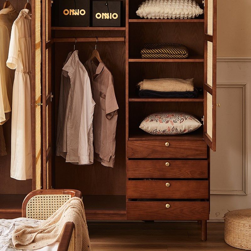 北欧复古实木衣柜民宿卧室藤编柜子储物柜白蜡木对开门大衣橱顶柜,淘宝优惠券,粉丝福利购,淘宝优惠卷