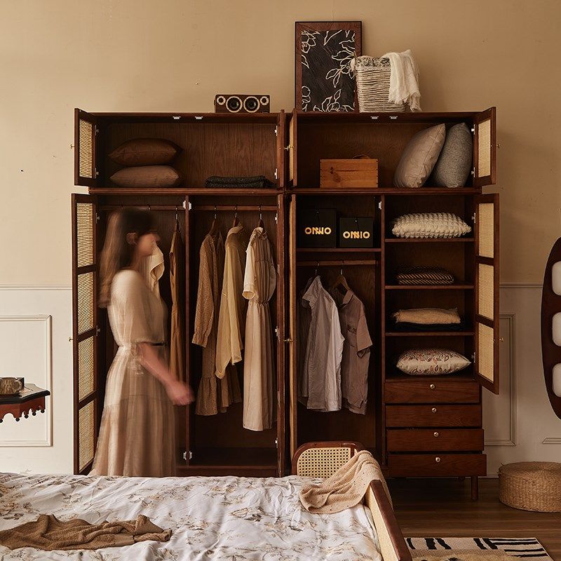 北欧复古实木衣柜民宿卧室藤编柜子储物柜白蜡木对开门大衣橱顶柜,淘宝优惠券,粉丝福利购,淘宝优惠卷