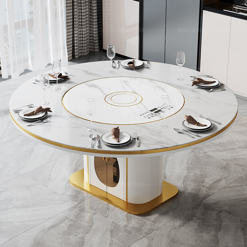 可伸缩圆形餐桌电动转盘现代简约家用小户型电磁炉岩板餐桌椅组合,淘宝优惠券,粉丝福利购,淘宝优惠卷