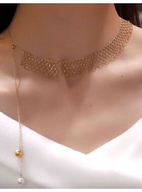 珍珠双珠吊坠项链女小众复古高级感流苏时尚精致高颜值蕾丝锁骨链