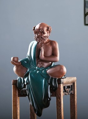 紫砂达摩摆件家居办公室桌面工艺礼品H陶瓷禅意人物客厅博古架装