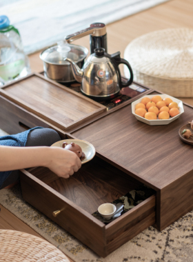 移动茶几烧水壶盒新中式泡茶车黑胡H桃木榻榻米茶台桌壶柜架