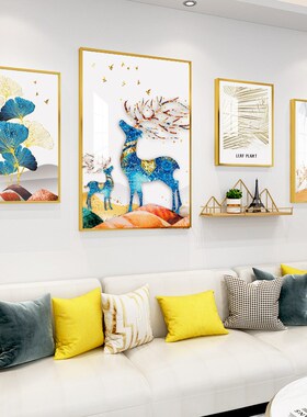 新中式客厅4框晶瓷吉祥财鹿铝合金装饰画铁艺置物架组合金属画框
