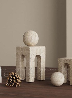 侘寂风创意茶室桌面复古装饰品样板间书柜玄关售楼处软装洞石摆件