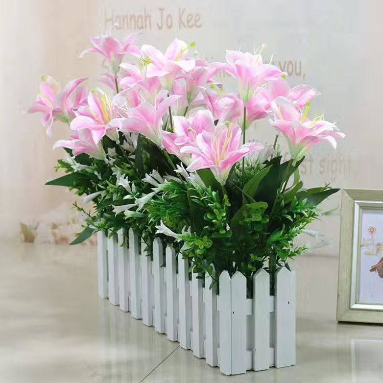 仿真花百合花假花栅栏花绢布桌面墙角遮挡仿真绿植盆栽摆件套装,淘宝优惠券,粉丝福利购,淘宝优惠卷
