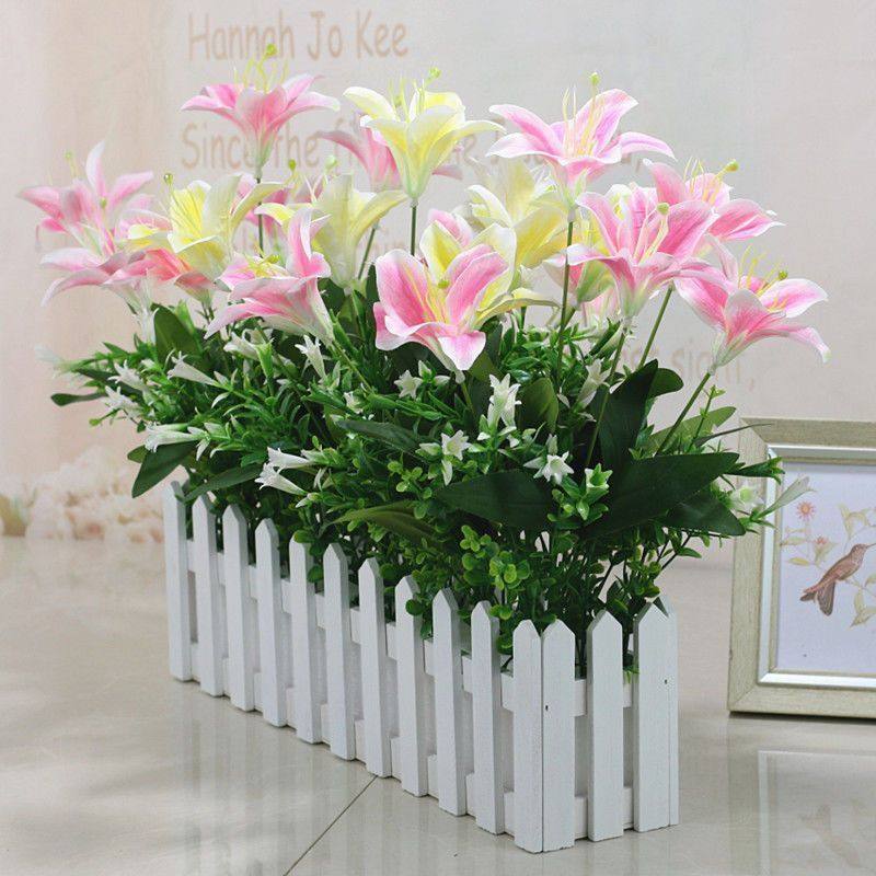仿真花百合花假花栅栏花绢布桌面墙角遮挡仿真绿植盆栽摆件套装,淘宝优惠券,粉丝福利购,淘宝优惠卷