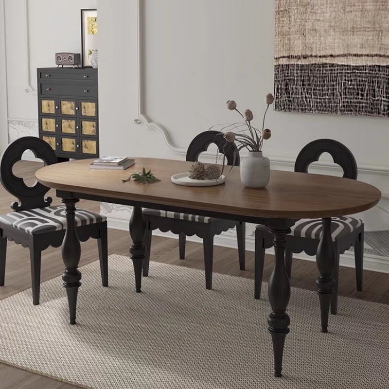 法式覆古实木餐桌椭圆形s小户型做旧家用饭桌工作台半圆靠墙洽谈 - 图1