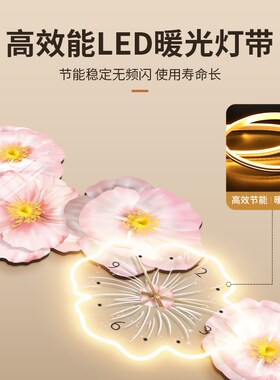 奶油风客厅装饰画钟表挂钟带灯牡丹花挂画沙发背景墙壁画2024新款