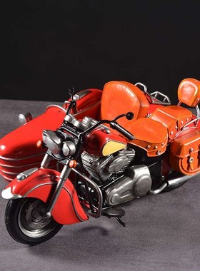 铁艺摩托车模型偏三轮跨子车男生礼物桌面摆件复古工业风软装饰品
