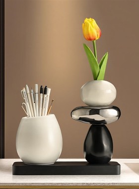 轻奢高档石来运转k收纳笔筒摆件家居客厅玄关办公室桌面花瓶装饰