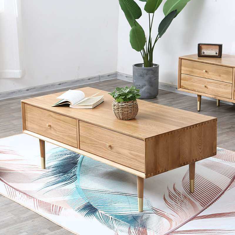 茶几 实木茶几白橡木色铜脚咖啡桌 客厅边机电视柜组合茶几带抽屉,淘宝优惠券,粉丝福利购,淘宝优惠卷