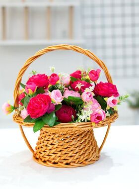 圆形柳藤编织舞蹈花篮道具演出手提篮花童撒花大小水果篮