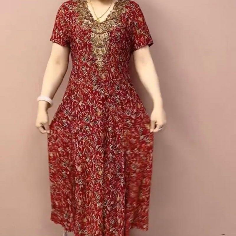 网红妈妈短袖连衣裙夏季新款高弹网纱印花显瘦过膝长裙V领烫钻裙,淘宝优惠券,粉丝福利购,淘宝优惠卷