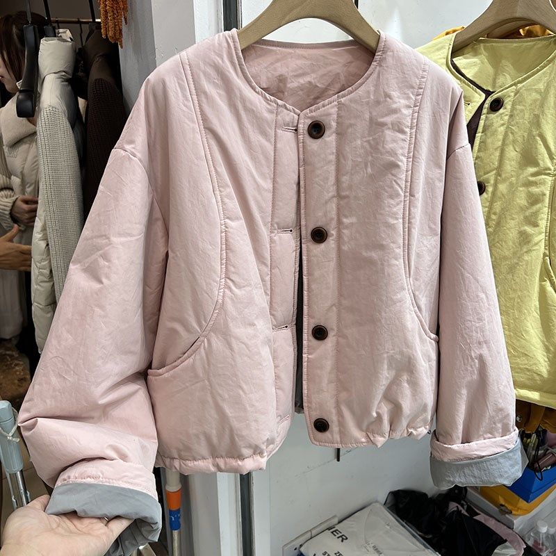 撞色短款圆领夹棉外套女冬季新款2024高级感气质时尚羽绒棉衣棉服,淘宝优惠券,粉丝福利购,淘宝优惠卷