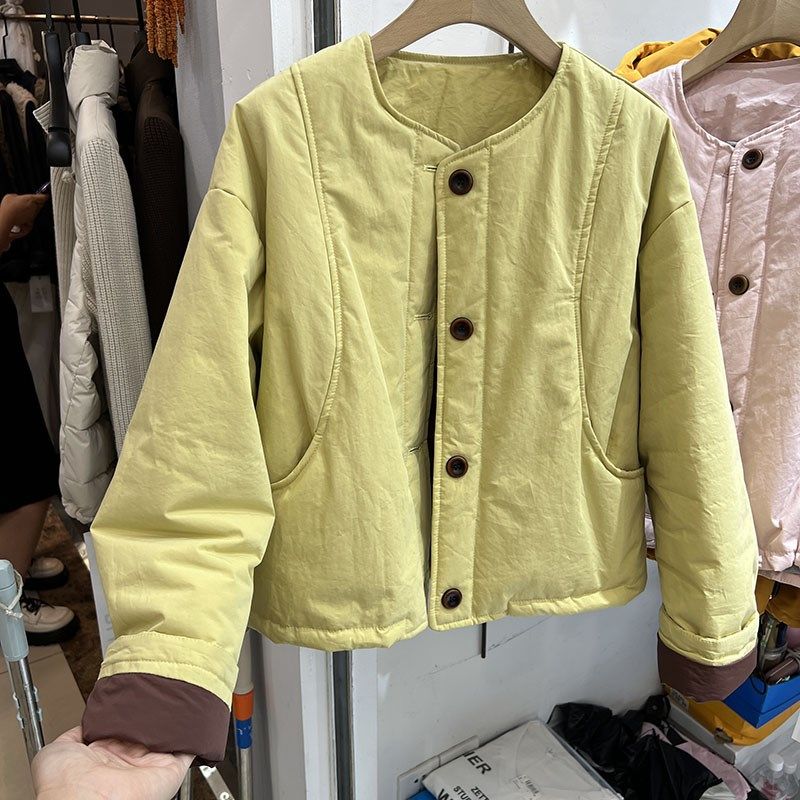 撞色短款圆领夹棉外套女冬季新款2024高级感气质时尚羽绒棉衣棉服,淘宝优惠券,粉丝福利购,淘宝优惠卷