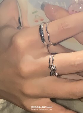 秋冬新玫瑰戒指女小众设计高级感时尚开口可调节食指戒套装指环