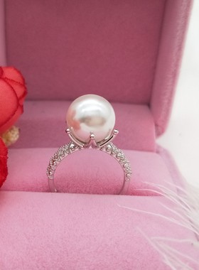 925银镶钻珍珠戒指女 金黑紫白色人工母贝珍珠指环戒圈开口 高贵