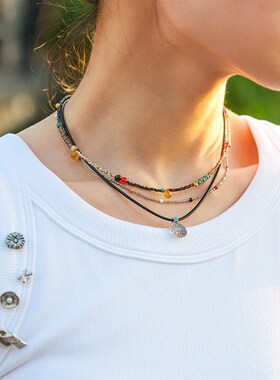 复古吊牌项链蓝松银吊坠皮绳项链迷你小吊坠九宫八卦牌叠戴颈链