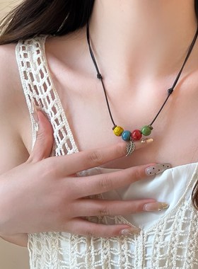 彩色陶瓷串珠树叶编绳项链女新中式民族风锁骨链复古国潮配饰颈链