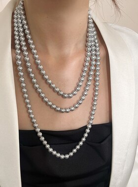 铂金灰色珍珠项链真多麻叠戴毛衣链长款锁骨链女2024新款颈链配饰