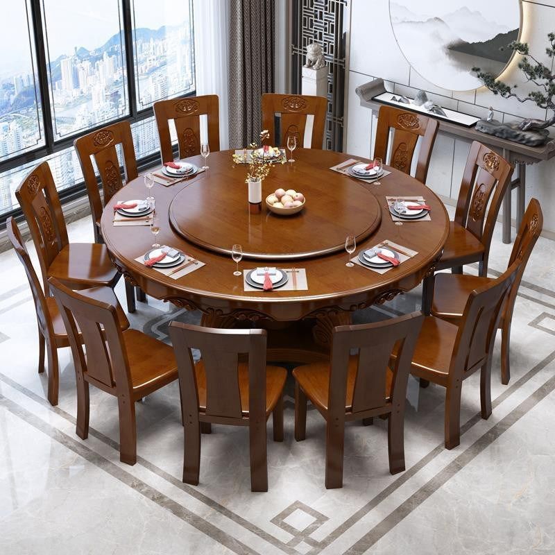 中式实木餐桌椅组合圆形吃饭桌子家用10人带转盘雕花电磁炉大圆桌,淘宝优惠券,粉丝福利购,淘宝优惠卷