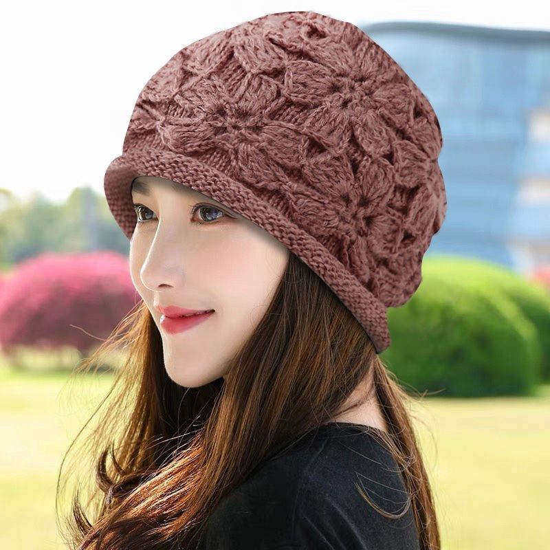 帽子女秋冬毛线帽手工钩花套头帽优雅包头帽针织帽保暖花朵帽子,淘宝优惠券,粉丝福利购,淘宝优惠卷