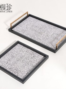 简约现代黑白斜纹毛皮q木质钢琴烤漆收纳托盘家居样板房高级感摆