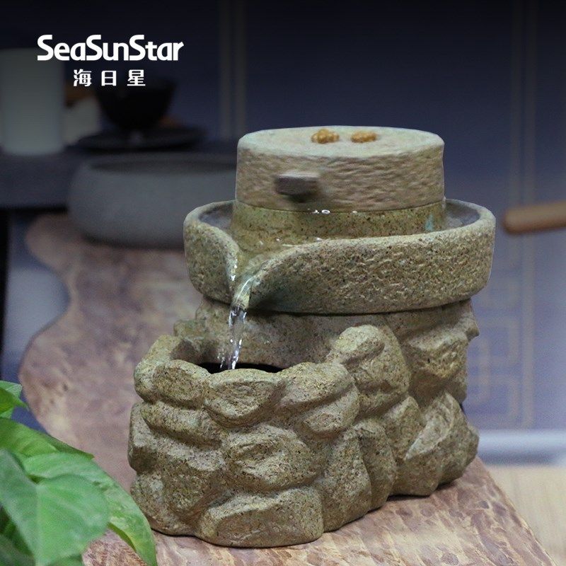 招财风水轮石来运转乔迁新居电视柜桌面陶瓷石磨茶道茶桌流水摆件,淘宝优惠券,粉丝福利购,淘宝优惠卷