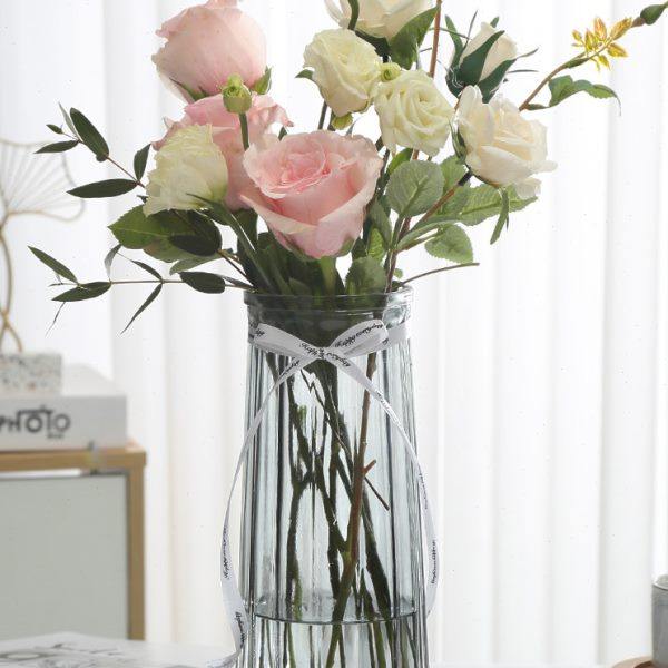 【二件套】北欧玻璃花瓶竖纹透明水培大号富贵竹百合客厅插花摆件,淘宝优惠券,粉丝福利购,淘宝优惠卷