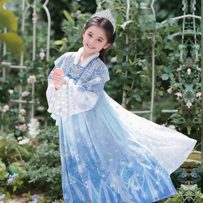 女童汉服儿童冬季加绒斗篷襦裙唐朝古装公主蓝色冰雪加厚拜年日常 - 图2