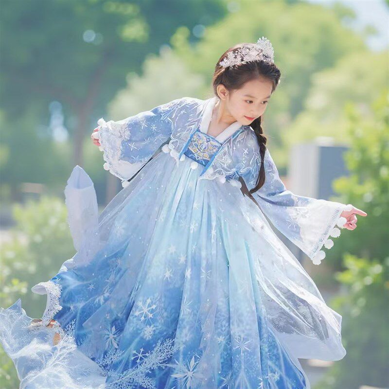 女童汉服儿童冬季加绒斗篷襦裙唐朝古装公主蓝色冰雪加厚拜年日常 - 图1