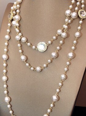 韩国多层珍珠项链毛衣链长款百搭秋冬大气高档镜面精致高级设计感