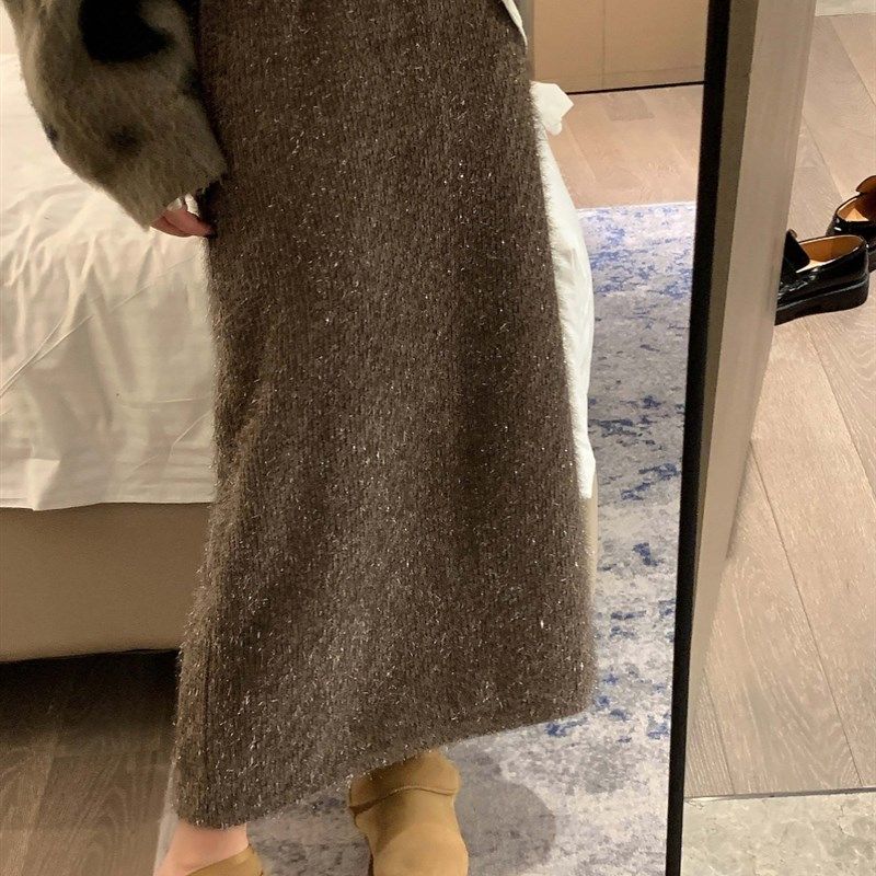 亮丝针织半身裙女冬季松紧腰加绒开叉过膝长裙修身显瘦洋气加厚裙,淘宝优惠券,粉丝福利购,淘宝优惠卷