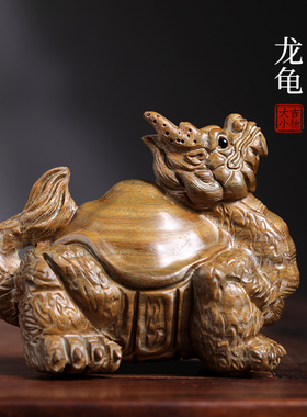 天然绿檀木龙龟招财风水摆件手工雕刻文玩手把动物木雕工艺品摆件