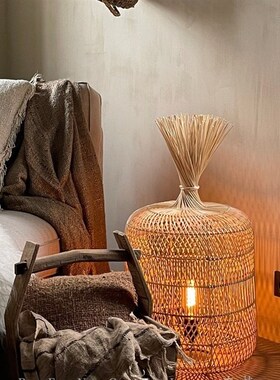 日式侘寂风落地灯复古民宿客厅卧室藤编灯中式禅意茶室沙发边台灯