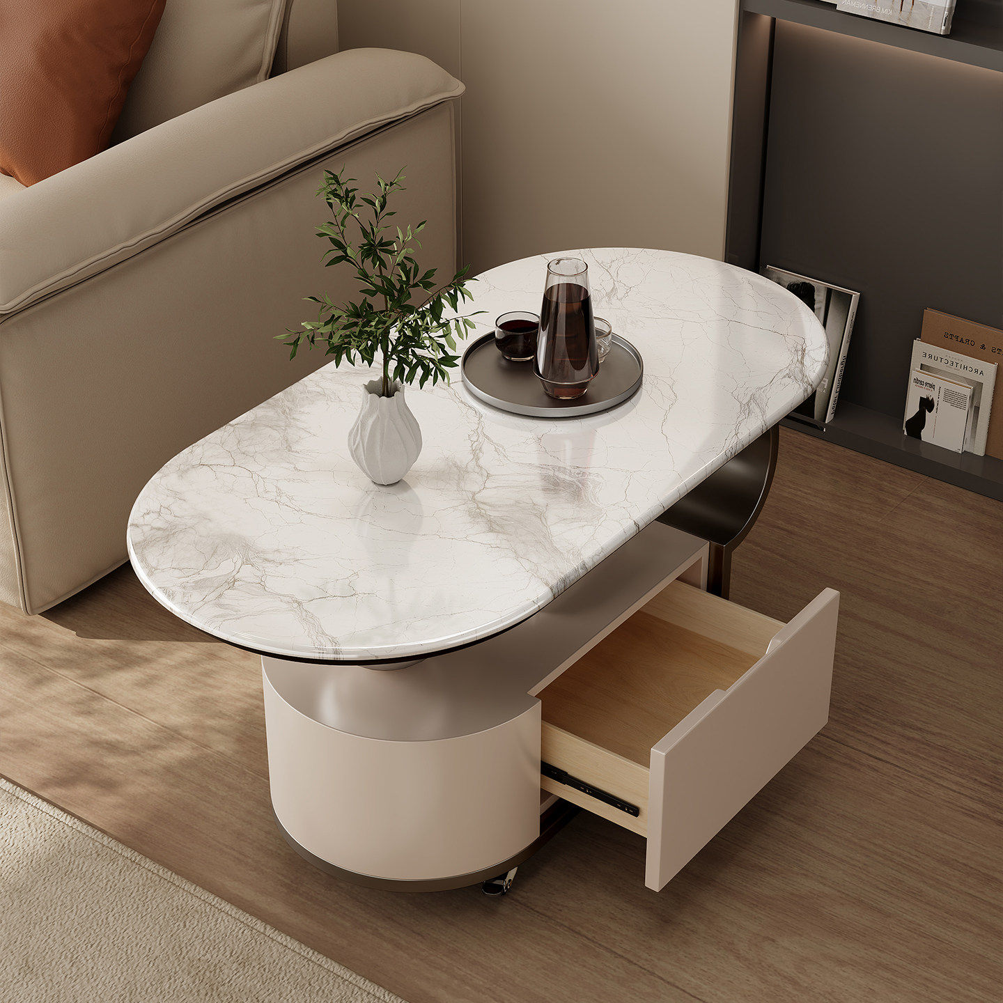 现代简约椭圆形移动边几带轮储物茶几小推车客厅超晶石推车茶几,淘宝优惠券,粉丝福利购,淘宝优惠卷