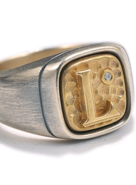 柒玥 方形925银复古拉丝戒指 私人订制 颜色拼接字母 锤木纹 镶钻