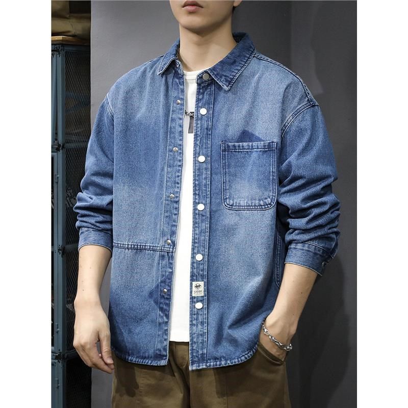 2025春季潮牌设计感拼接牛仔衬衫男美式水洗长袖衬衣宽松翻领外套,淘宝优惠券,粉丝福利购,淘宝优惠卷