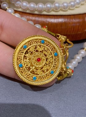 珍珠花丝古法金五福镂空圆盘长款项链毛衣链汉服配饰