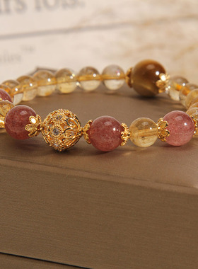 黄水晶手链女金发晶虎眼石手串小众复古高级感草莓晶串珠手环礼物