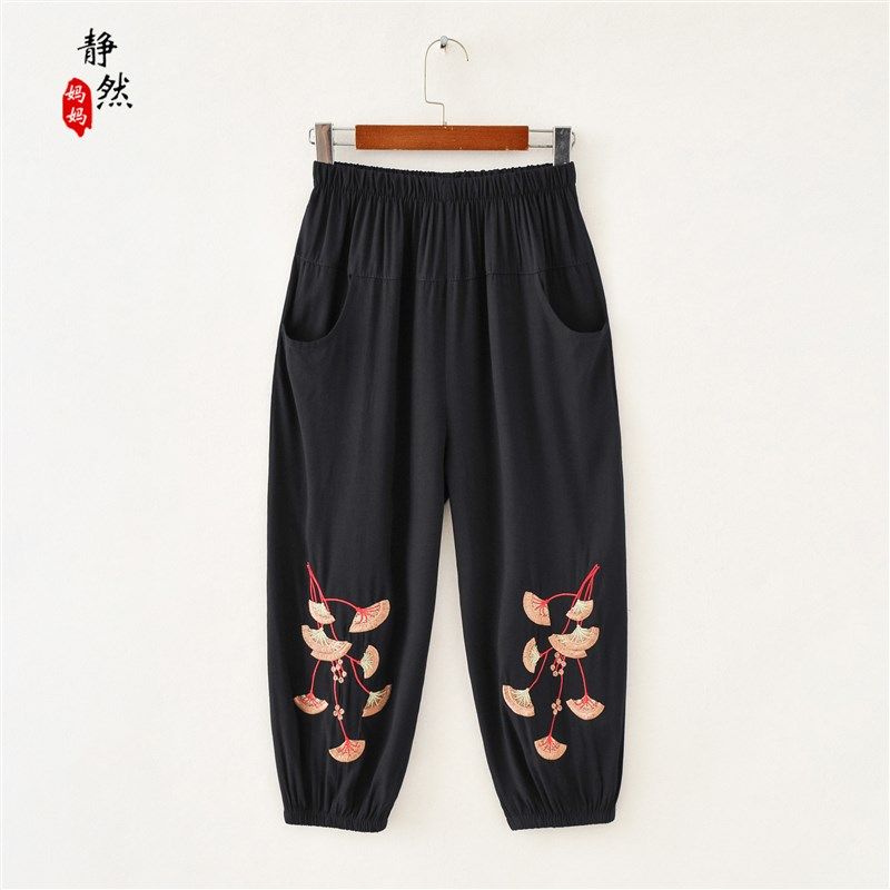 时尚中年妈妈春装套装绣花短袖棉麻T恤长裤两件套洋气中老年女装,淘宝优惠券,粉丝福利购,淘宝优惠卷