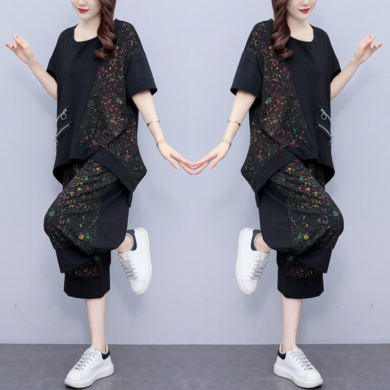 胖MM拼接印花短袖T恤+裤子两件套女2025夏季大码女装休闲时尚套装,淘宝优惠券,粉丝福利购,淘宝优惠卷