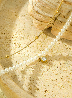 风小众百搭珍珠双链条镶锆石钛钢