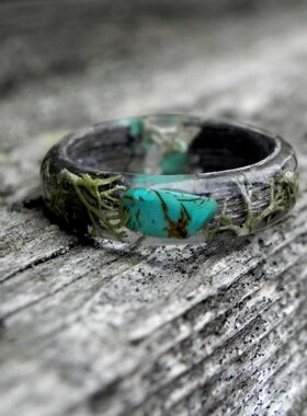 绿松石木戒指 苔石树脂戒指 森林结婚戒指 女式自然戒指